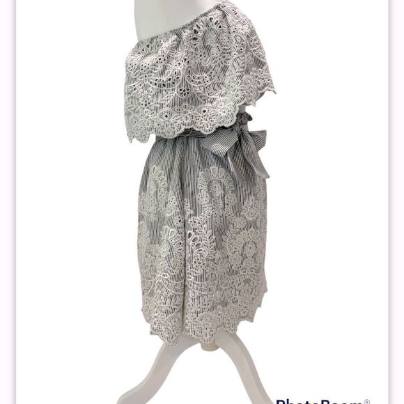 Saylor Grey & White Pinstripe One Shoulder Mini Dress Size Small - Picture 3 of 14